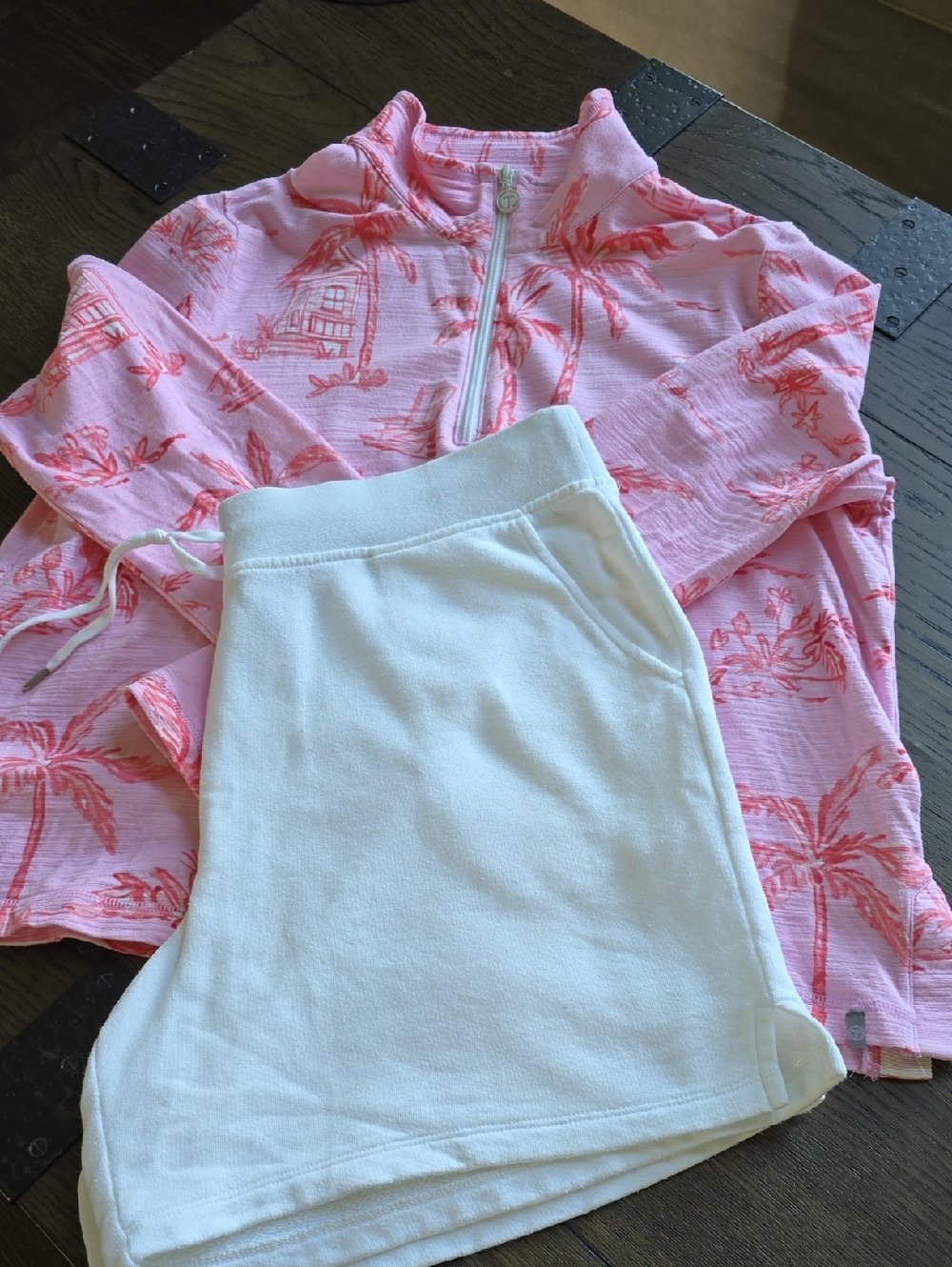 Talbots Pink and White Palm Print Quarter-Zip Top with White Short